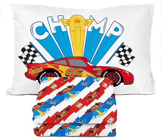 Sunny Side Up Disney Pixar Cars Lightning McQueen Twin Sheet Set - 3 Piece Kids Racecar Bedding Set Includes Pillow Cover - Super Soft Microfiber Sheets