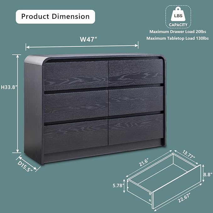 Modern 6 Drawers Dresser for Bedroom, 47" Wide Wood Dressers & Chests of Drawers w/Curved Profile Design, Mid Century Modern Dresser w/Natural Texture for Bedroom, Living Room, Black