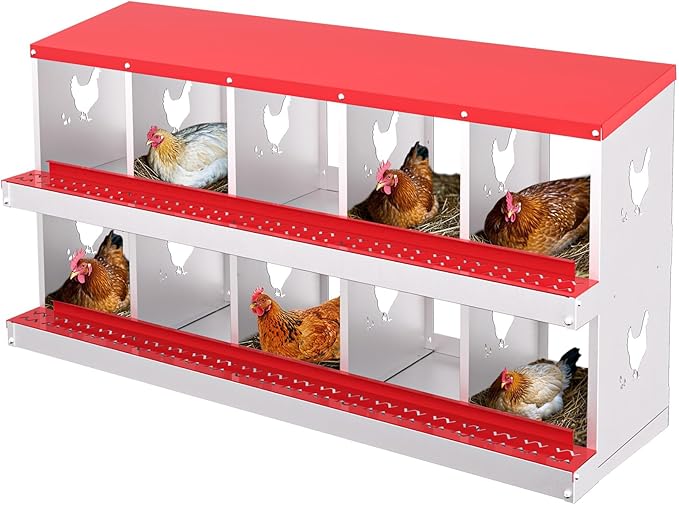 Chicken Nesting Box, Red 10 Hole Egg Laying Box, Suitable for Chickens & Ducks, Large Holes for Ventilation, Convenient for Picking up Eggs, Chicken Coop Nesting Box, Fully Galvanized