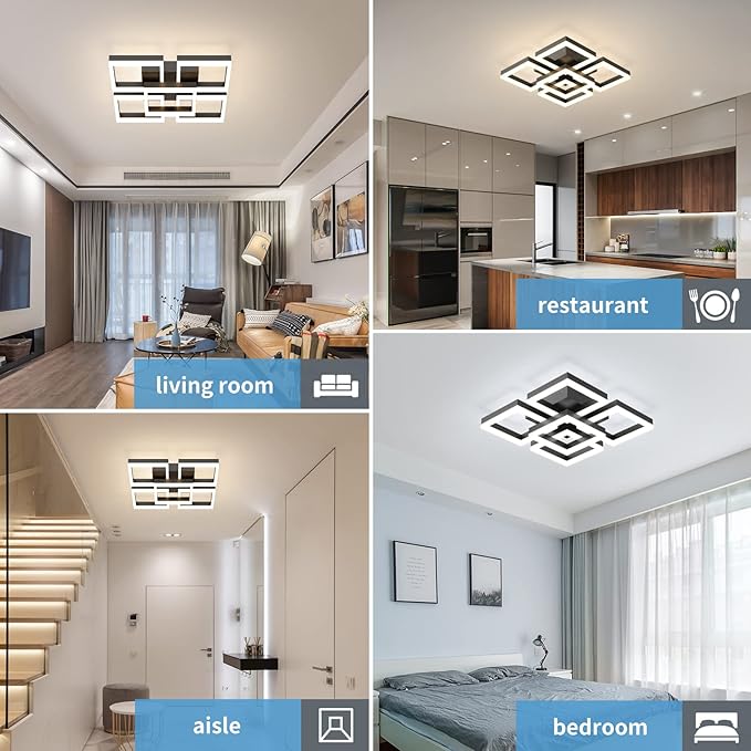 GEADI Modern LED Ceiling Light, 64W Dimmable Black Flush Mount Light 5-Square