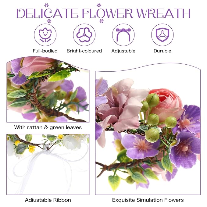 Baby Girls Flower Crown Flower Girl Headpiece boho Little Wreaths for Weddings, Family photography (Pink purple)
