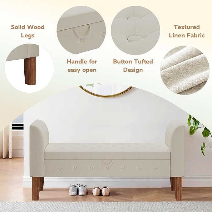 Awonde Storage Bench for Bedroom End of Bed Button Tufted Upholstered Bench Storage Ottoman Bench with Arms 52" Settee Bench Ivory Linen