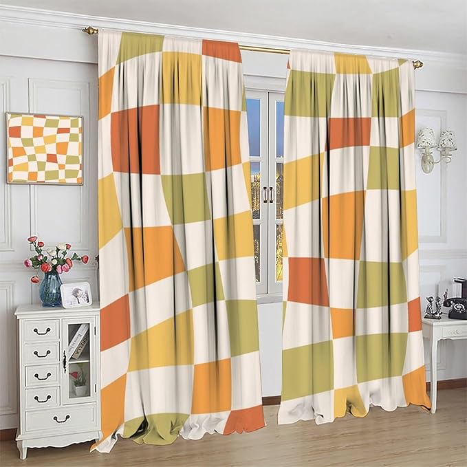 Orange Checkered Curtains,70s Vintage Twisted Checkered Window Drapes Colorful Groovy Trendy Wavy Hippie Grid Print Window Treatments for Kids Girls Bedroom Living Room Bathroom 72"W X 63"L
