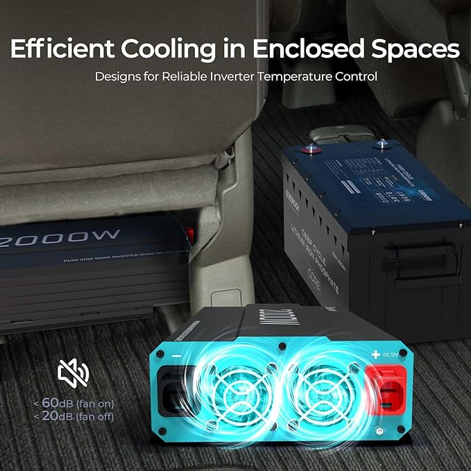 Renogy Inverter P2 2000 watt Pure Sine Wave Inverter, Solar Car Power Inverter 12V to 120V AC Converter for RV, Truck, Camping, Home Backup, Outdoor, Emergency, Off-Grid Living, 16.4FT Remote Control