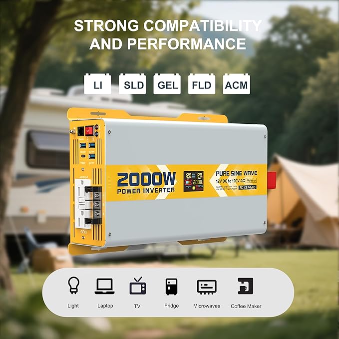 XWJNE 2000W Pure Sine Wave Power Inverter 12V DC to 120V GFCI AC Converter with LCD Display and Remote for Home, RV, Truck, Off-Grid Solar Power