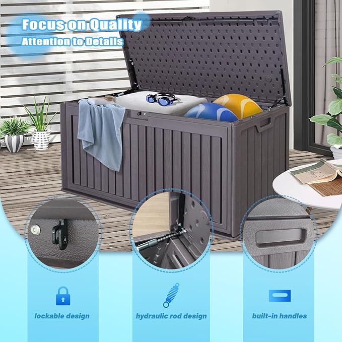 100 Gallon Outdoor Storage Box Waterproof, Resin Deck Box with Dual-Wall for Storing Gardening Tools, Pool Supplies, And More