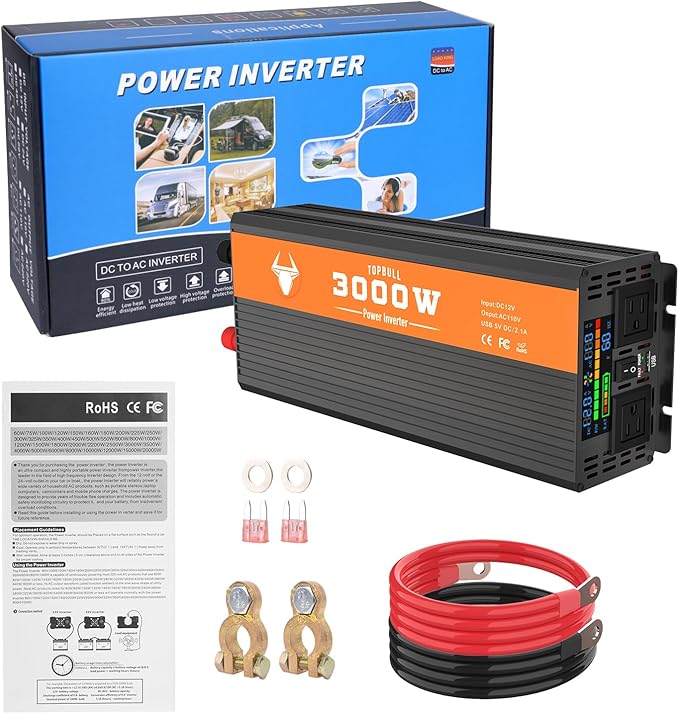 Power Inverter 3000 Watt, Car/Outdoor 12V DC to 110V AC Converter, with LED Display, Dual AC Outlets, USB Port, Dual Smart Fans, Cables Included, Suitable for RV, Outdoor, Camping, Boat, Emergency