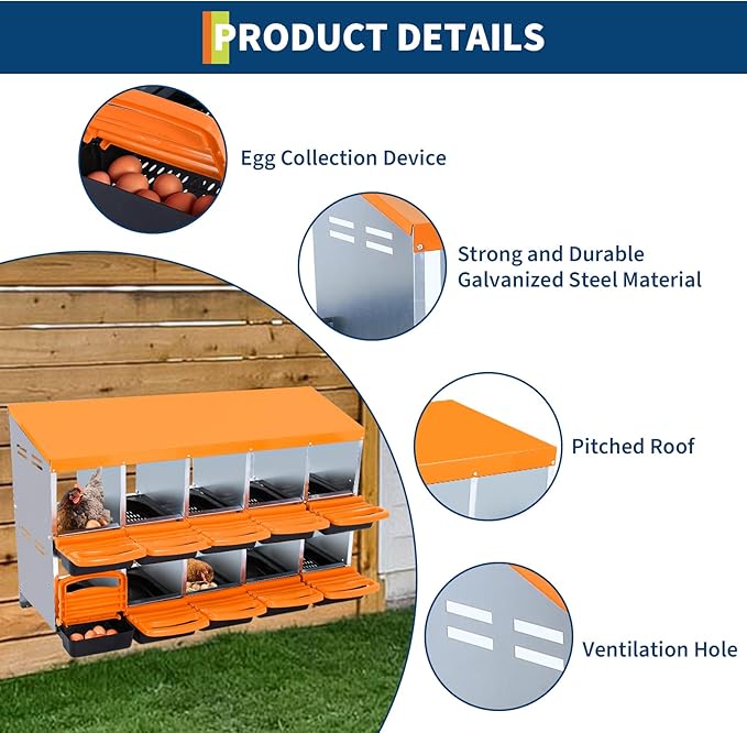 Chicken Nesting Box, 10 Compartment Roll Away Egg Laying Box for Hens, Wall Mounted & Freestanding (2 Modes of Use), Easy Egg Collection, Cleanable Pull Out Nesting Box, Org, NL