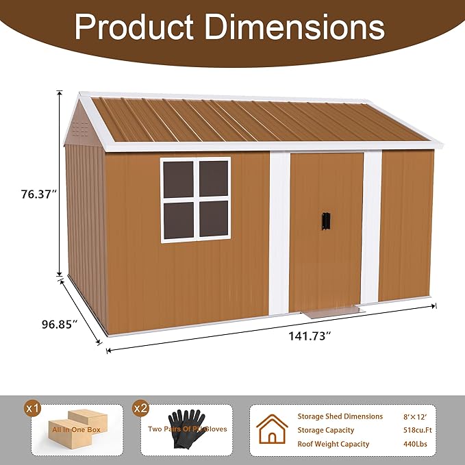 12x8 FT Outdoor Steel Storage Shed with Clear Windows, Sliding Lockable Door & Ventilation, Brown and White Weather-Resistant Metal Tool Shed for Garden, Backyard, Lawn, and Utility Storage