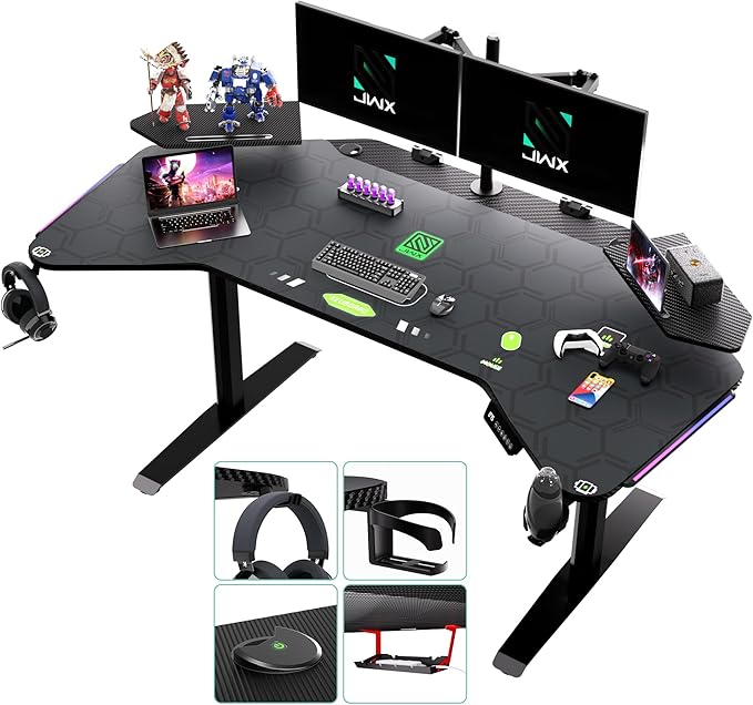 JWX Dual Motor Standing Gaming Desk with Aluminum Alloy Led Lights, 72'' Wing Shaped Large Gaming Studio Music Desk with Slot Design Shelves, for Streamer, Social Media Influencer & Music Recording