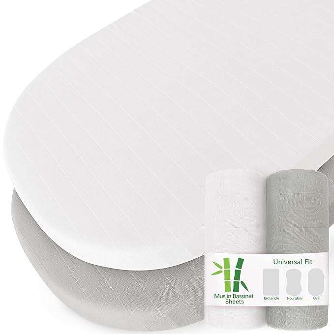 Muslin Bassinet Sheets for Boys and Girls 2 Pack, Ultra Soft Muslin Fitted Baby Bassinet Sheet for Standard Bassinet Mattress(16''×32''/17"x32"/20''x33''), Grey & White