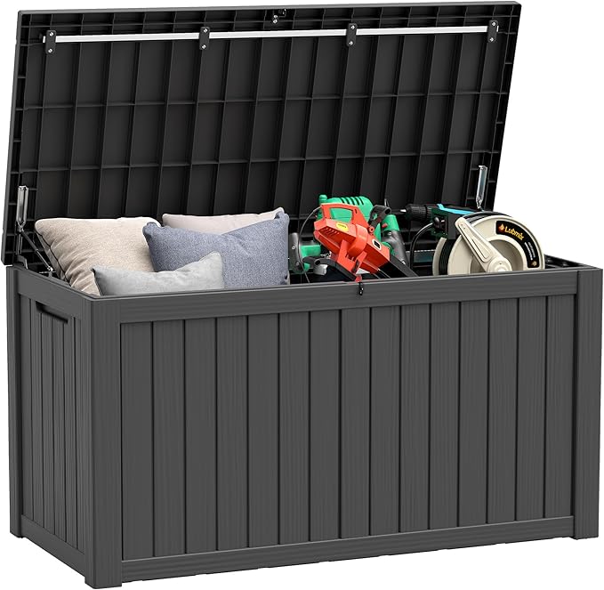NUNU LAB 150 Gallon Outdoor Storage Box,Resin Large Sturdy Deck Box, Backyard Outside Storage Box Waterproof with Double Wall Panels,Package Delivery Garden Outdoor Hose Storage Bin