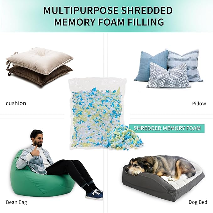 15lbs Shredded Memory Foam Bean Bag Filler, Soft and Convenient Bean Bag Filling Pillow Stuffing for Beanbag, Couch, Cushion, Stuffed Animals, Dog Bed, Arts Crafts