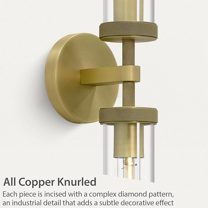 Brass Gold 2-Light Knurled Wall Sconces, 30in Double Glass Sconces Wall Lighting