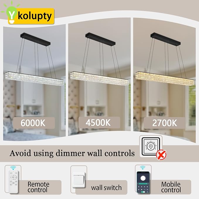 W48 Rectangle Chandeliers for Dining Room, Modern Crystal Pendant Lights