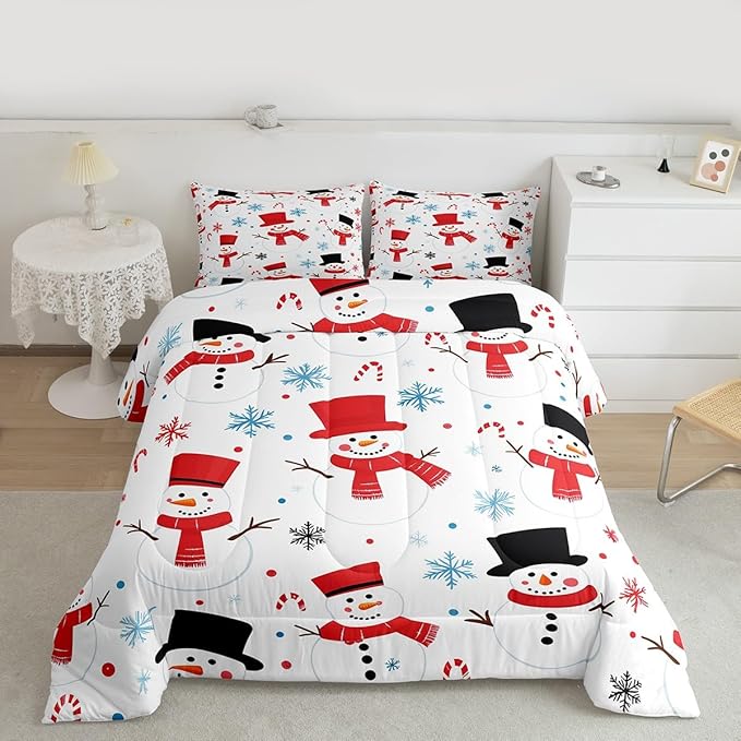 Feelyou Merry Christmas Comforter Set All Season Snowman Bedding Set with 2 Pillow Cases Winter Holiday Microfiber Kids Queen Bedclothes New Year Gift Bedroom Decor Duvet Quilt Soft Lightweight