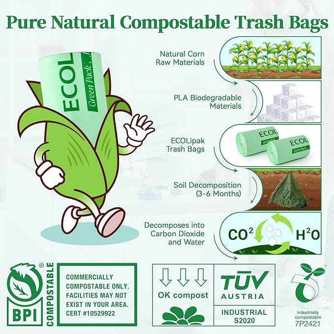 ECOLipak 13 Gallon Compostable Trash Garbage Bags, 50 Count (1 Roll) Biodegradable Heavy Duty Bathroom Kitchen Trash Bags for Home/Office, US BPI ASTM D6400 and OK Compost Home Certified