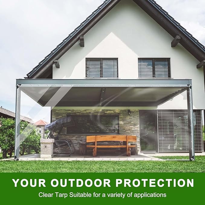 10x16ft Clear tarps with Grommets, Clear Tarps Heavy Duty Water Resistant with Reinforced Edge,14Mil Thickened Transparent Tear Resistant Waterproof PVC Vinyl Tarp Enclosure for Patio,Porch, Outdoor