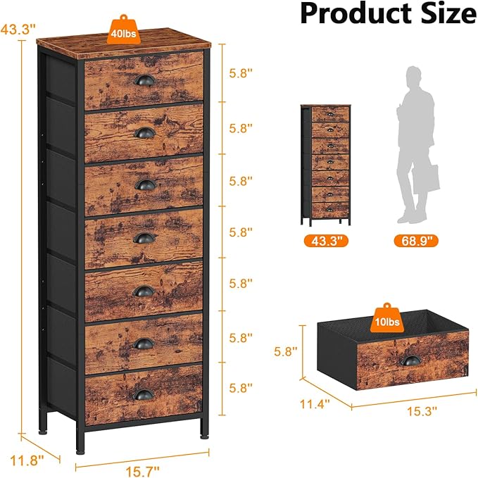 Furnulem Bedroom Dresser with 7 Drawers,Tall Industrial Fabric Chest of Drawers, Vertical Storage Tower Bedside Furniture in Living Room,Closet,Entryway-Sturdy Steel Frame(Rustic Brown)
