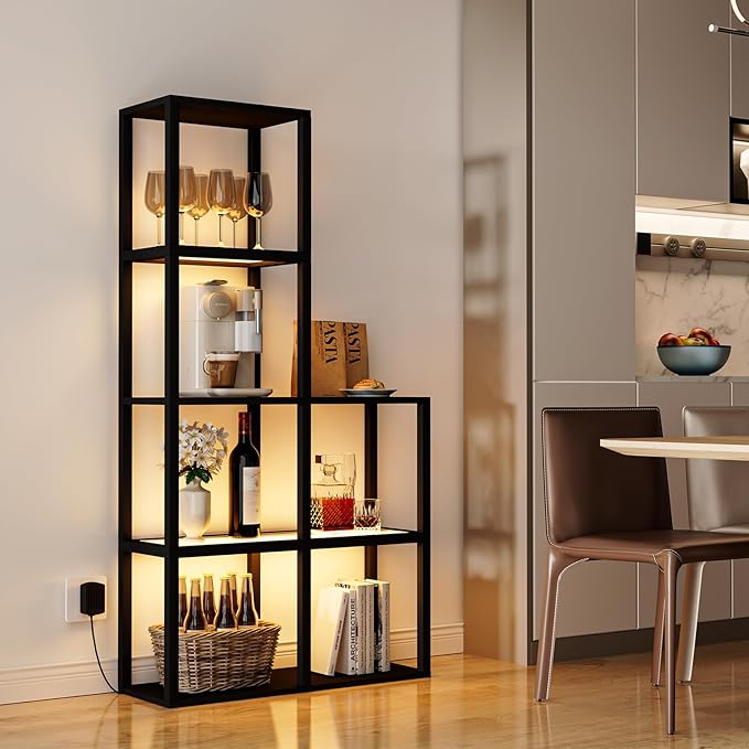 Display Shelf with LED Light Standing Floor Lamp with Glass Storage Shelves