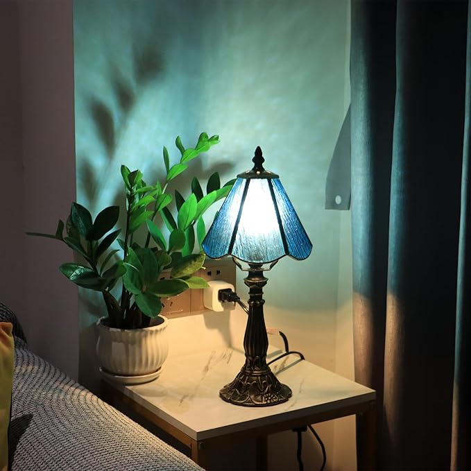 Small Tiffany Table Lamp Sea Blue Bark Pattern Style Stained Glass Desk Lamps