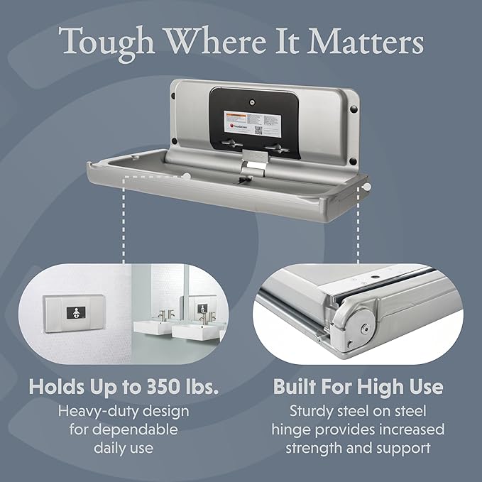 Foundations Ultra Horizontal Wall Mounted Baby Diaper Changing Station, Oversized Changing Surface, Plastic with Stainless Steel Hinge, Safety Strap - Metallic (200-EH-04)