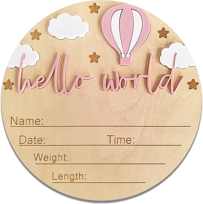 Hello World Newborn Sign - 5.9” Round Wooden Baby Announcement Sign with 3D Hot Air Balloon, Clouds & Stars - Keepsake Birth Gift for Baby Girl’s First Day, Hospital, Shower, or Nursery Décor (Pink)