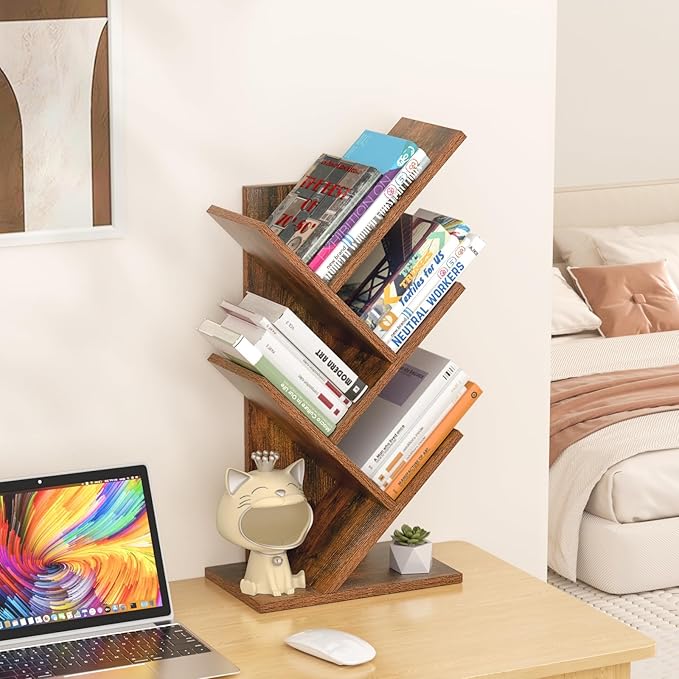 5 Tier Tree Book Shelf, Small Desktop Bookshelf with Storage Organizer, Wood Bookcase, Desk Display Bookshelves, Floor Standing Organizer Bookcases for Living Room,Bedroom,Office-Brown