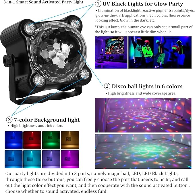 Disco Ball Party Lights Sound Activated Strobe DJ Stage Lighting