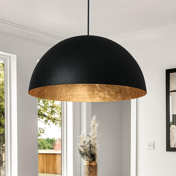 15 Inch Black and Gold Pendant Light, Bold Textured Matte Black Dome
