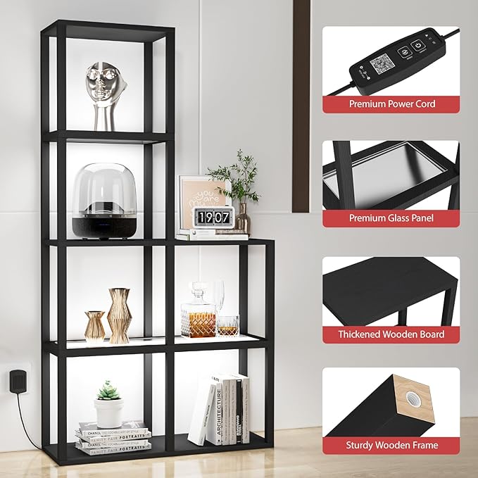 Display Shelf with LED Light Standing Floor Lamp with Glass Storage Shelves