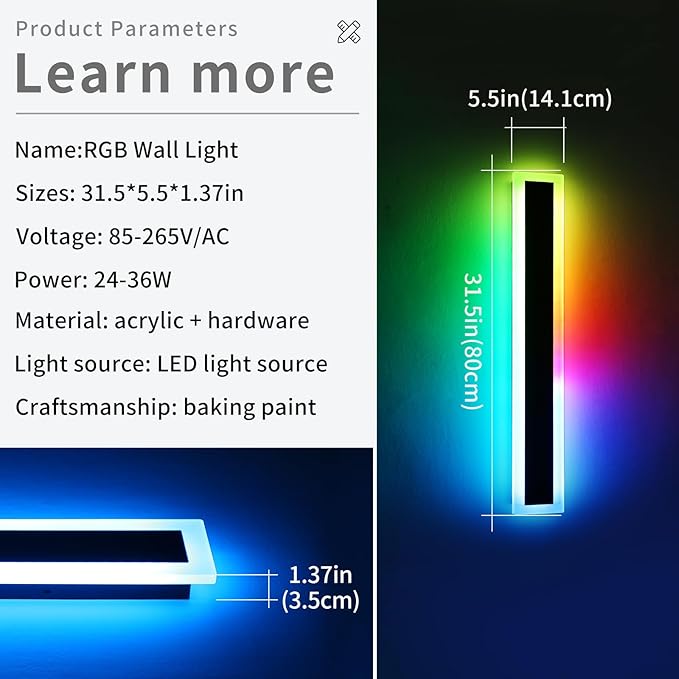 Widened 2 Pack Modern Outdoor Wall Sconces, 31.4inch RGB Dimmable LED Lights