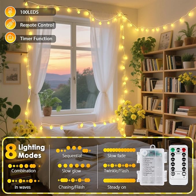 2 Pack Battery Operated Christmas String Lights - 45FT 100 LED Fairy Lights