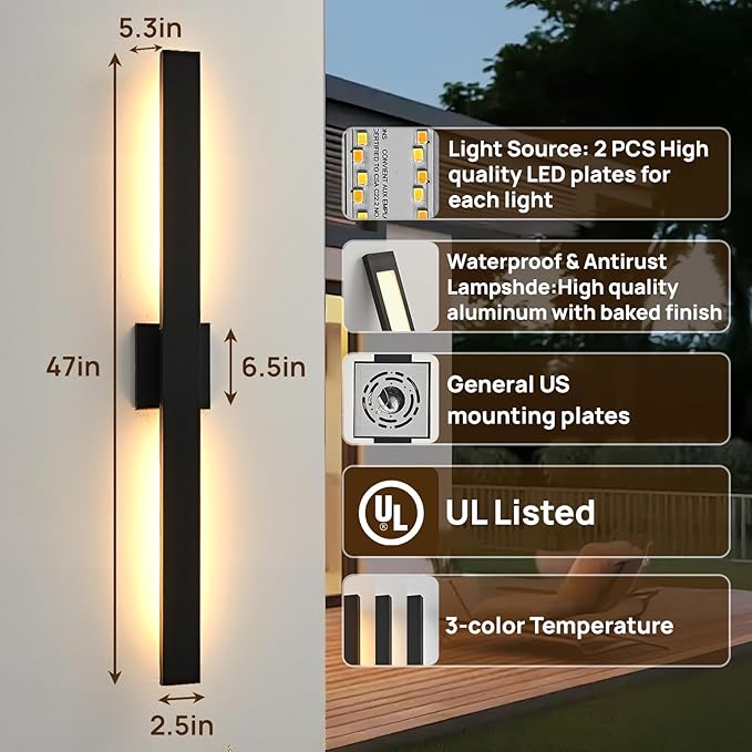 Upgraded 2-Pack 47in Black Long Modern LED Outdoor Wall Lights 3000K 4000K