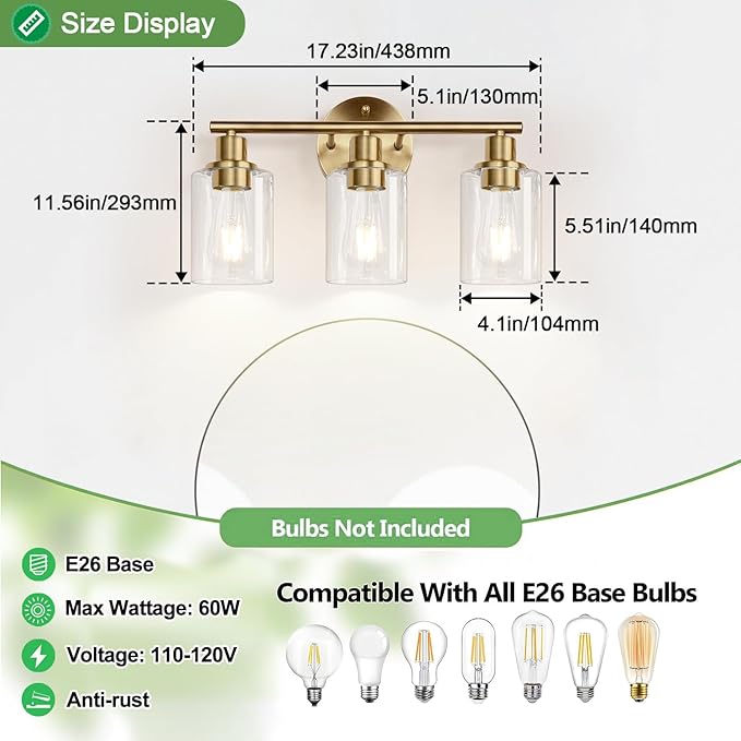 3-Light Bathroom Light Fixtures, Brushed Brass Bathroom Wall Lights