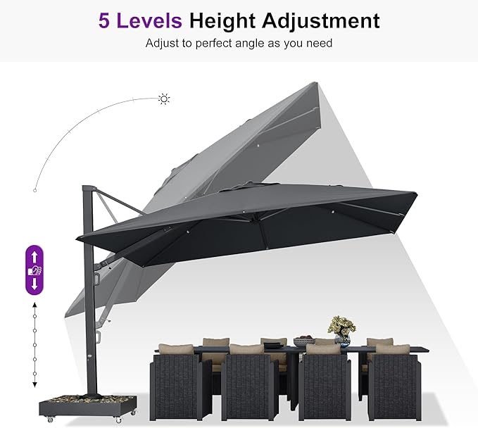 PURPLE LEAF 12' X 9' Rectangle Patio Umbrella with Base Included Large Outdoor Aluminum Offset Umbrella with 360-degree Rotation Cantilever Umbrella for Garden Deck Backyard Pool Grey