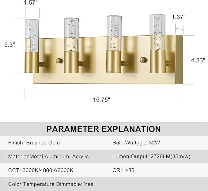 Bathroom Vanity Light Fixtures Over Mirror Brushed Golden Finish Coating