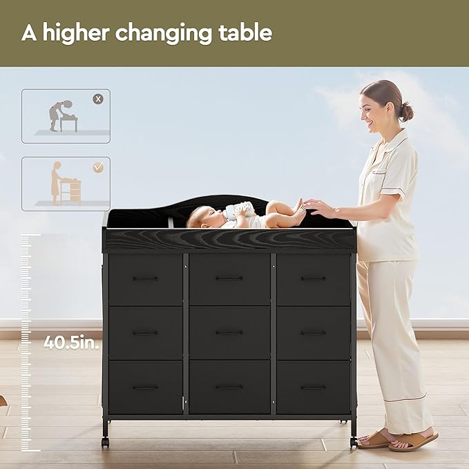Baby Changing Table with 9 Fabric Drawers, Waterproof Diaper Changing Station & Pad, Mobile Nursery Diaper Changing Table, Baby Furniture, Bedroom, Black