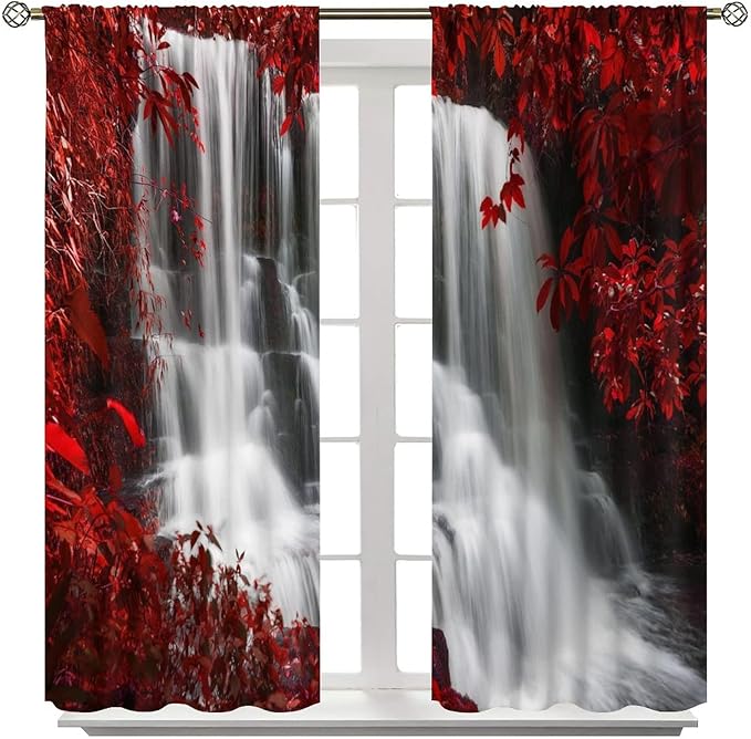 Red Forest Waterfall Blackout Windows Curtains, Waterfall Red Forest Black and Red Natural Landscape Print Window, for Living Room Bedroom 55x63in 2 Panels