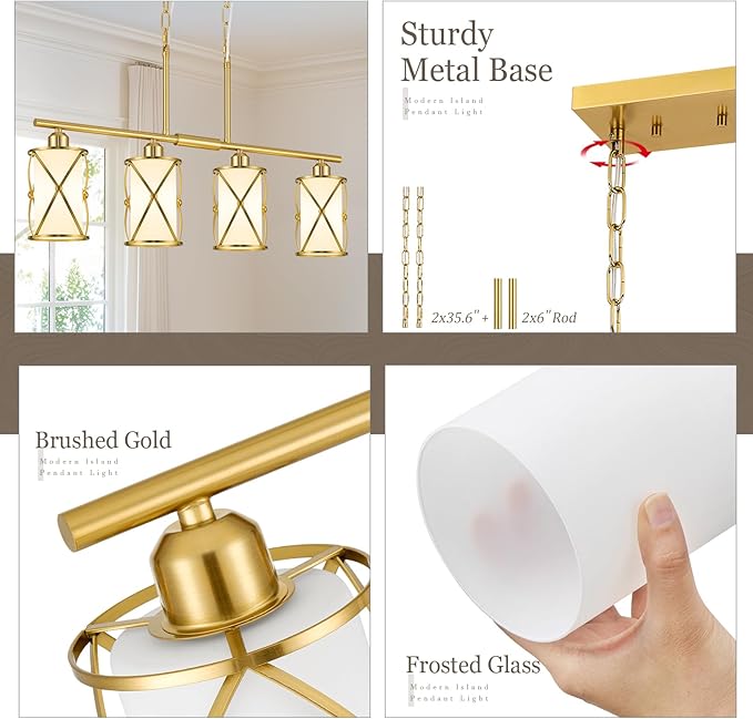 4-Light Kitchen Island Lighting, Brushed Gold Linear Dining Room Light Fixtures