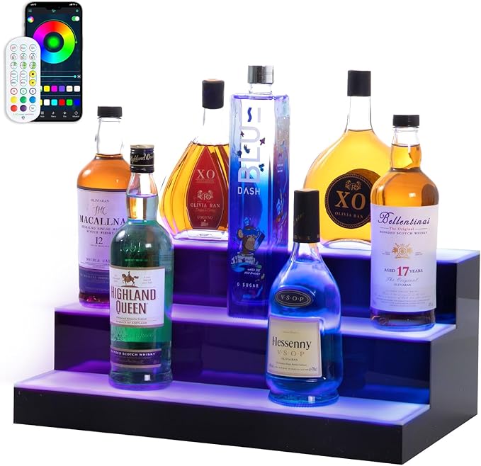 Led Lighted Liquor Bottle Display Shelf, 20 Inch 3 Tier Whiskey Rack, Support