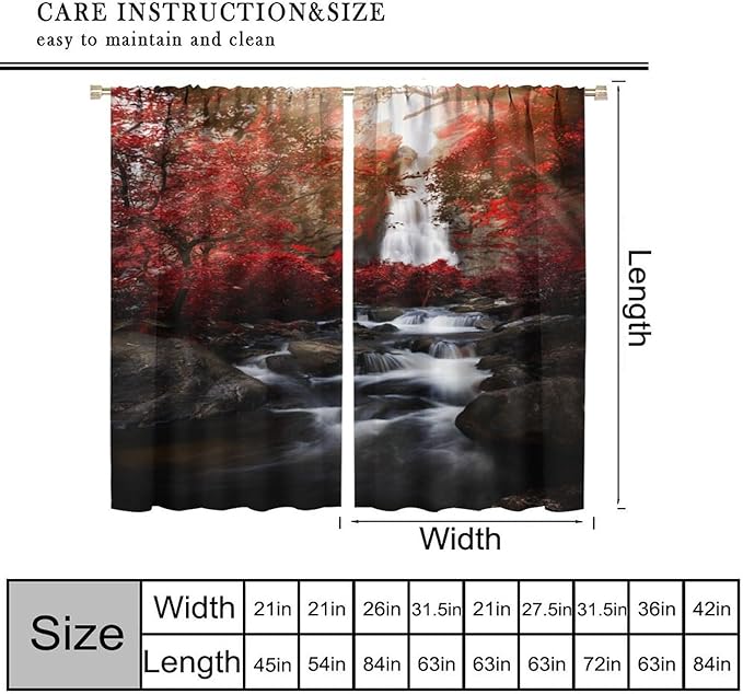 Nature Waterfall Blackout Curtains, Autumn Waterfall Romantic Forest Landscape Print Rod Pocket Window Drapes, for Bedroom Living Room 63" W X 72" L