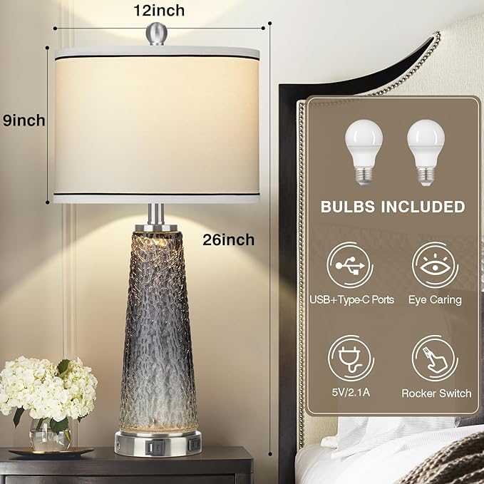 Glass Table Lamp Set of 2, Touch Control Bedside Nightstand Lamp