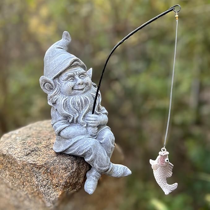 Garden Gnome Pond Statue Decoration, Fishing Gnome Garden Statue Outdoor Koi Pond or Waterfall Decor, 9.7" Stone Gnome Fishing Poolside Statue, Elf Pond Statue, Great Gifts & Housewarming for Mom