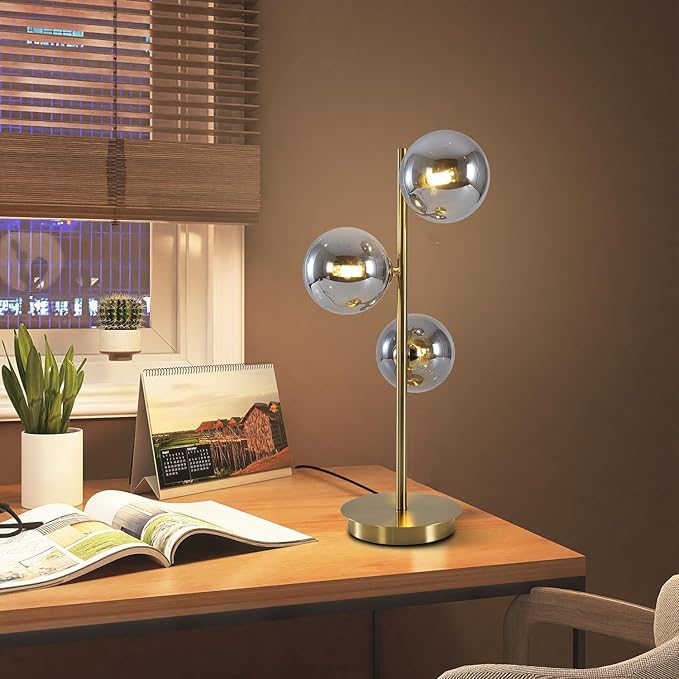 Mid Century Globe Table Lamp, Modern 3 Lights Gold Brass Desk Lamp,