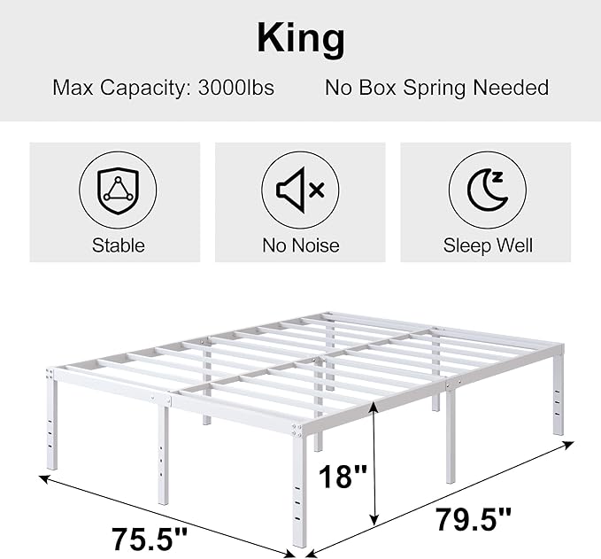 18 Inch King Bed Frame Heavy Duty Metal Platform No Box Spring Needed, Maximum Storage, Easy Assembly, Noise Free, White