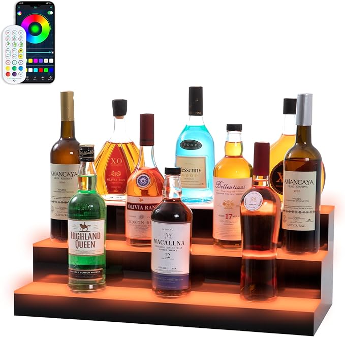 Led Lighted Liquor Bottle Display Shelf, 24 Inch 3 Tier Whiskey Rack, Support