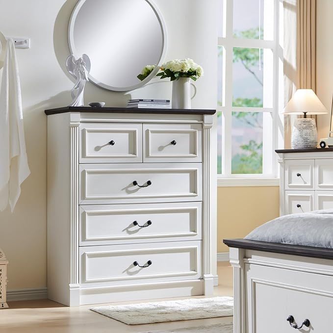 Farmhouse 5 Drawers Dresser for Bedroom, 46" Tall Dressers & Chests of Drawers w/Roman Column, Large Storage Dressers Organizer for Bedroom, Hallway, Living Room, White
