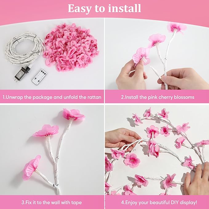 Cherry Blossom Lights with Remote, 7.5 Ft 144 Flowers Enchanted Willow Vine