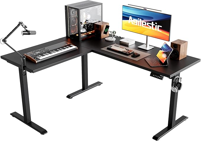 Agilestic 59 Inch L Shaped Standing Desk Adjustable Height, Electric Corner Standing Desk, Sit Stand Computer Table with Splice Board, Black